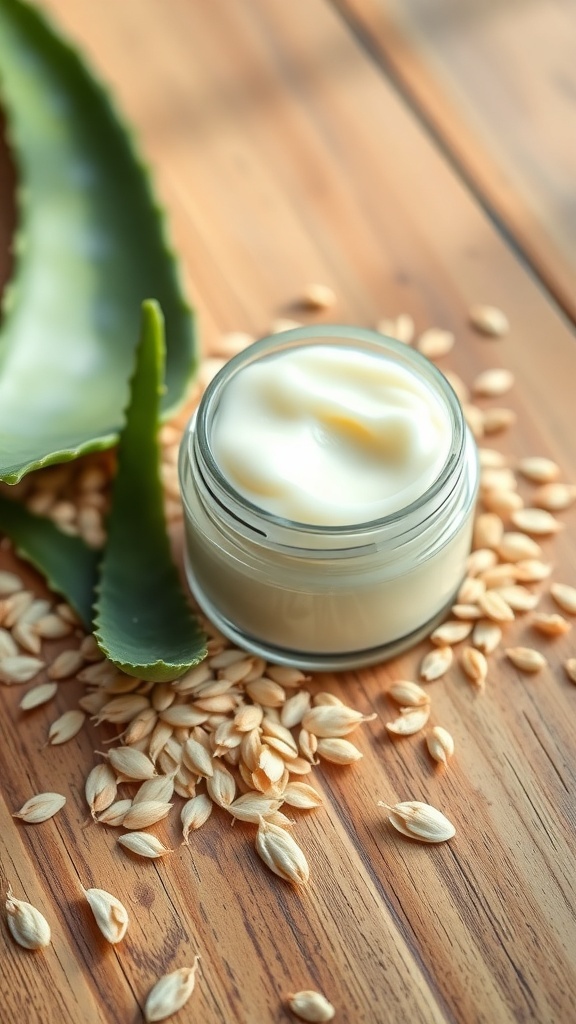 A jar of homemade oat gel cream with oats and aloe vera on a wooden table.
